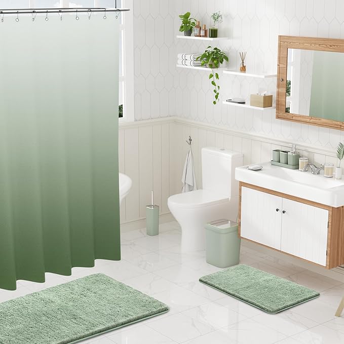 XLHOMO Sage Green Bathroom Set - 24PC Bathroom Sets with Shower Curtain and Rugs, Sage Green Bathroom Accessories Set with Press-on Lid Bathroom Trash Can, Soap Dispenser