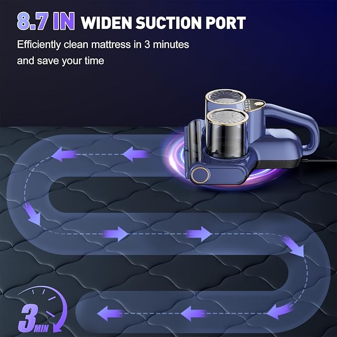 Mattress Vacuum Cleaner, 16kPa Bed Vacuum Cleaner with 253.7nm UV-C Light, Ultrasonic & 140℉ Heating, Dual Cup & Widen Suction Port Handheld Vacuums for Bed, Sofa, Couch, Crib (500W, Corded)