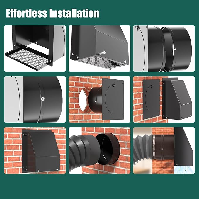 8 Inch Hooded Wall Vent with Screen and Damper, Outdoor Wall Exhaust Vent Cover Cap Kit for Exterior Kitchen Range Hood Bathroom Ventilation Dryer HVAC Duct Air Exhaust Vents, Galvanized Steel, Black