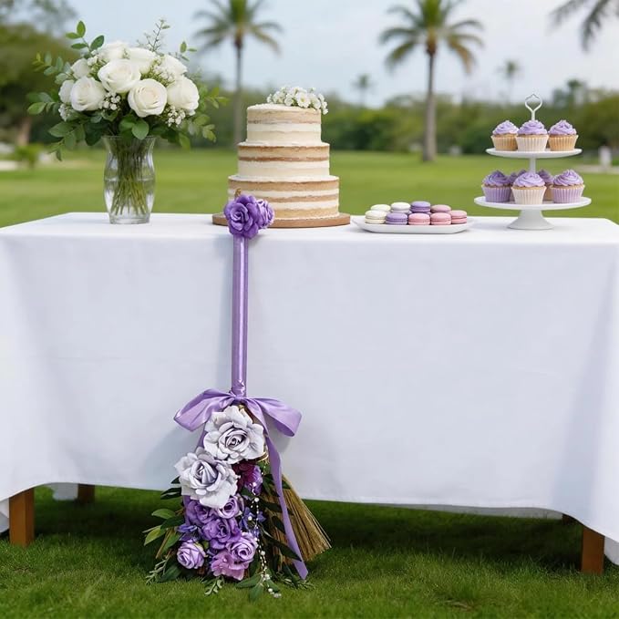 Wedding Broom DIY Purple Jumping Broom for Wedding Ceremony 28 inch Tall Whisk with Artificial Roses/Green Leaves/Ribbons/Pearl