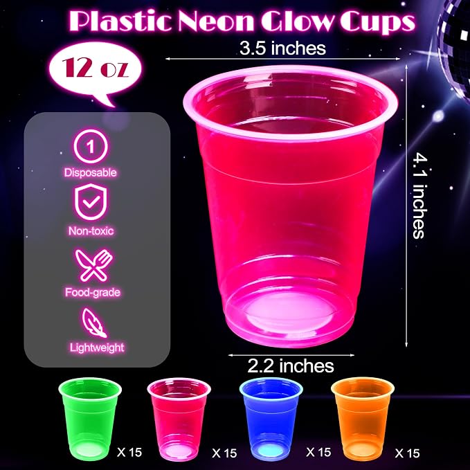Kochorie 60 Pack 12 Oz Plastic Neon Cups Glowing Party Cups 4 Assorted Neon Colors Disposable Blacklight Party Light Up Cup for Birthday Party In The Dark Party Supplies