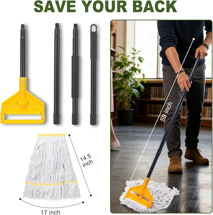 KeFanta Commercial Mop with 3 Extra Large Replacement Heads, 59Inch Handle Heavy Duty Industrial Mops Looped-End String Wet Cotton Mop for Home,Kitchen,Office,Garage,Workshop, Warehouse Floor Cleaning