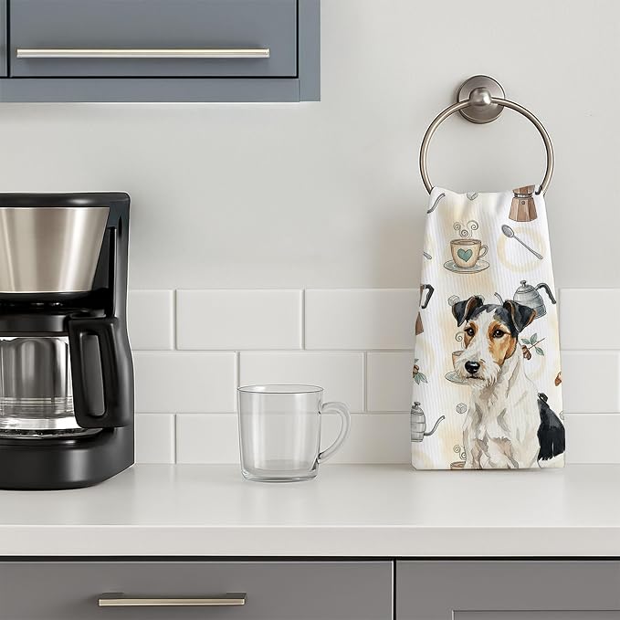 Caroline's Treasures Smooth Fox Terrier Coffee Bar Kitchen Towel Velour Plush Front and Cotton Loop Back Machine Washable