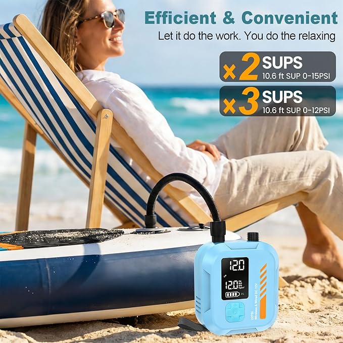 Electric Paddle Board Pump Portable, 22 PSI Rechargeable Electric SUP Air Pump, Intelligent Dual Stage Inflation & Deflation, Auto-Off, for Paddle Boards, Kayak, Kite, Tent