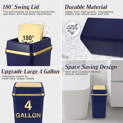 Bathroom Trash Can with Lid 4 Gallon Trash Can with Swing Lid Navy Blue Small Garbage Can Bathroom Garbage Can with 300 Counts Trash Bags for Kitchen Bedroom Office