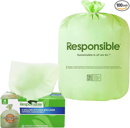 Responsible Products Kitchen Bin Liners, Certified Compostable, Heavy Duty Multipurpose Food Scrap Bags, Made from Compostable Materials (4 Gallon, 1 Count (Pack of 25))