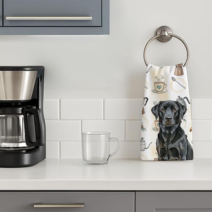 Caroline's Treasures Black Labrador Retriever Coffee Bar Kitchen Towel Velour Plush Front and Cotton Loop Back Machine Washable