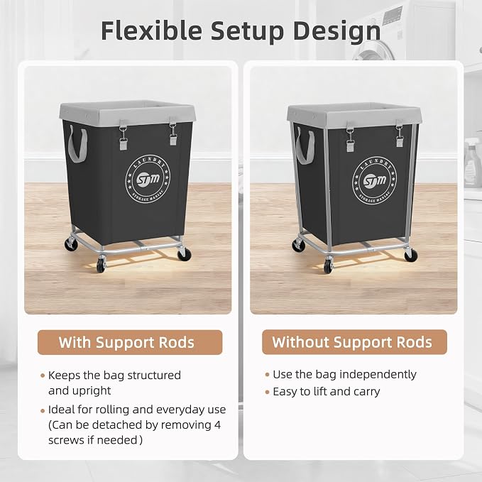 STORAGE MANIAC Commercial Laundry Hamper with Heavy Duty Steel Frame, 160 L Industrial Laundry Basket Cart with Wheels for Hotel, Home, Laundry Room, 17.72''L x 17.72''W x 30.91''H, Medium Black