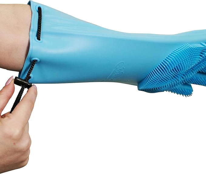 Jokari Scrub n' Suds Silicone Dish Gloves with Built-In Scrubber Bristles – Waterproof Cleaning Gloves, Extended Sleeves with Drawstring & Cord Lock, 100% Food-Grade Silicone, Large Size, 1 Pair