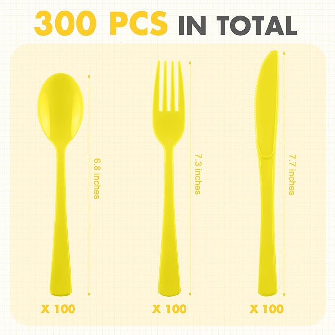 Kochorie 300 Pieces Graduation Yellow Plastic Silverware, Disposable Plastic Utensils, Heavy Duty Cutlery Set Heavyweight Flatware Includes Spoons Forks Knives for Birthday Party Wedding Dinner