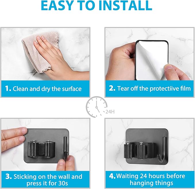 homeasy Mop Broom Holder No Drill, Mop Broom Organizer Wall Mounted Heavy Duty with Hooks Hanger, Self Adhesive Stainless Steel 4Pcs for Bathroom, Kitchen, Office (Black)