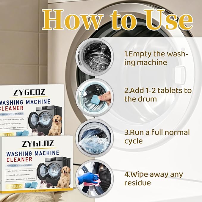 Washing Machine Cleaner Tablets, 36 Tablets (18 Months), Works in HE, Top Load, and Front Load Washers, Helps Reduce Pet Hair and Stubborn Residue, Unscented (3)