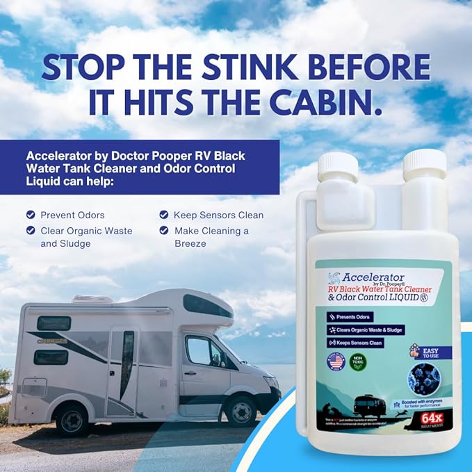 RV Black Water Tank Cleaner & Odor Control Liquid by Dr. Pooper® – Accelerator Bio-Formula | 64 Treatments | Enzyme-Boosted, Non-Toxic, Prevents Odors, Clears Waste & Keeps Sensors Clean | Made in USA