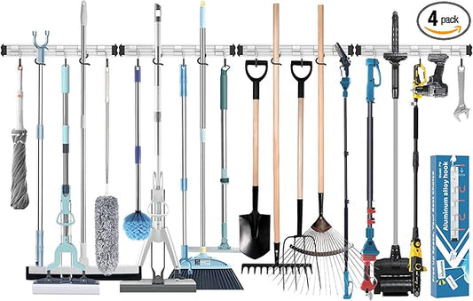 Mop and Broom Holder Wall Mount Garden Tool Rack Organizer, Modern Style,Movable Aluminum Alloy Wall Mounted Hook 4 Pack,Storage Gift for Bathroom,Closet,Laundry Room,Garage,Tool Room(Black)