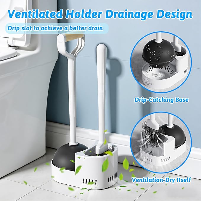 Sellemer 2 in 1 Toilet Brush and Plunger Set, Curved Design Head for Deep Clean, Heavy Duty Toilet Bowl Brush and Plunger Combo with Holder for Bathroom,White, 2 Pack