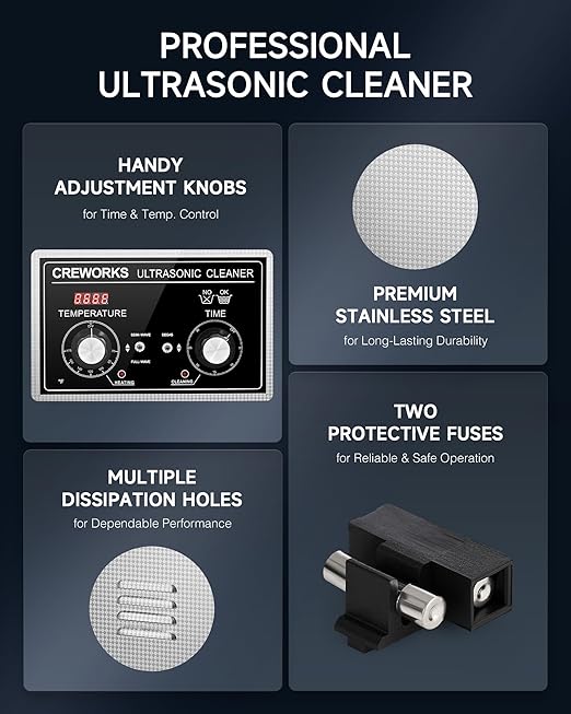 CREWORKS 30L Ultrasonic Cleaner with Heater and Timer, 600W Stainless Steel Ultrasonic Cleaner Machine with Degas & Gentle Modes, Ultrasonic Parts Cleaner with Knob Control for Machine Part Auto Tool