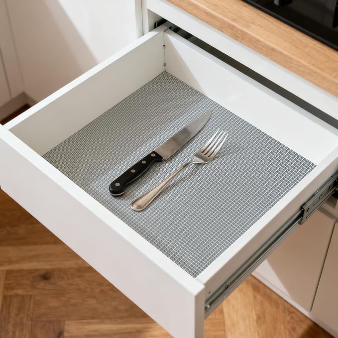 Upgrade 100% EVA Shelf Liner for Kitchen Cabinet 12" x 118.1" Refrigerator Liners Drawer Liners Non Adhesive Non Slip Mats Waterproof Plastic Paper, Dresser Pantry Bathroom Protector, Silver Gray