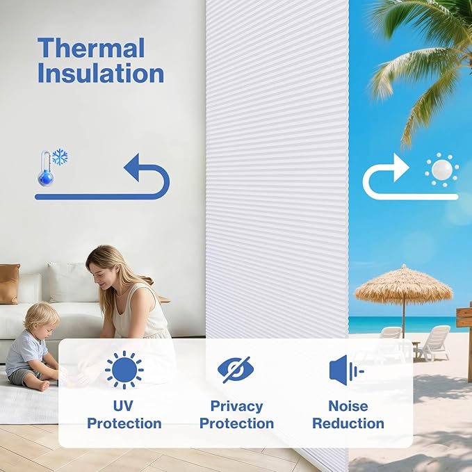 No Drill Cellular Shades, White 36" W x 64" H Cordless Light Filtering Pull Down Pleated Honeycomb Blind Thermal Insulated Easy Install for Indoor Window Bedroom Living Room Kitchen
