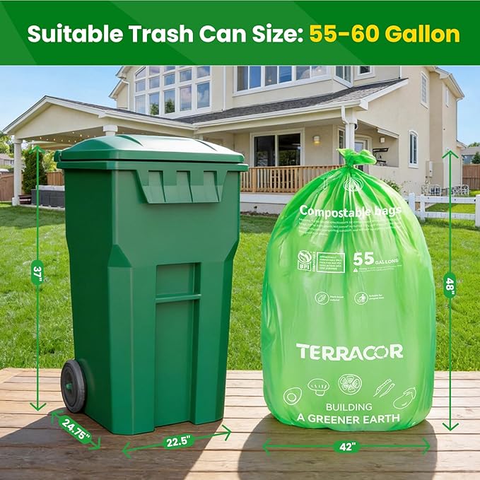 55-60 Gallon Compostable Trash Bags Liners, Heavy Duty Extra Thick 1.57 Mil, 208.2 Liter, 12 Bags, Lawn, Yard, and Restaurant Use, ASTM D6400, US BPI Certified