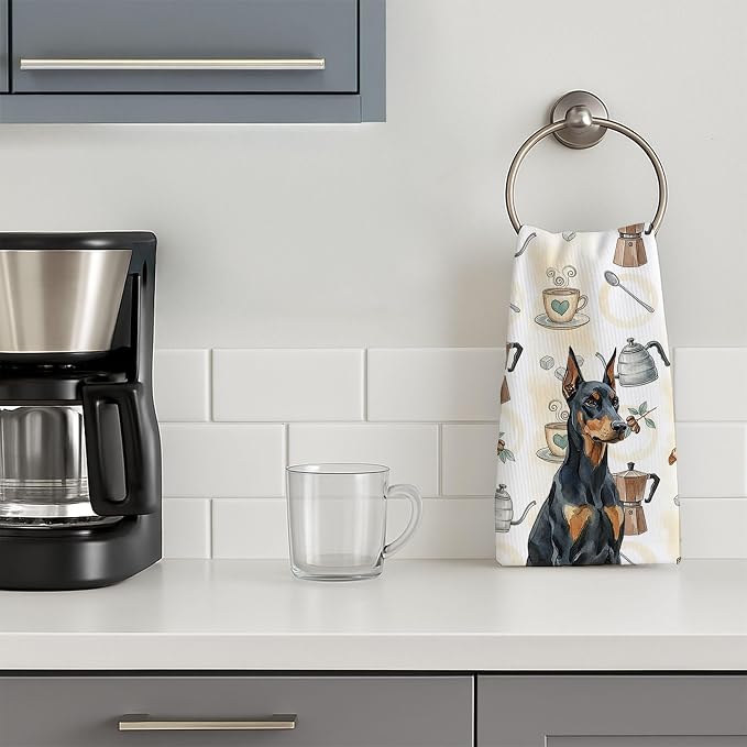 Caroline's Treasures Doberman Pinscher Coffee Bar Kitchen Towel Velour Plush Front and Cotton Loop Back Machine Washable