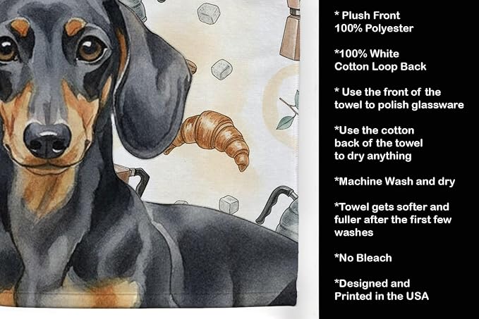 Caroline's Treasures Black and Tan Dachshund Coffee Bar Kitchen Towel Velour Plush Front and Cotton Loop Back Machine Washable