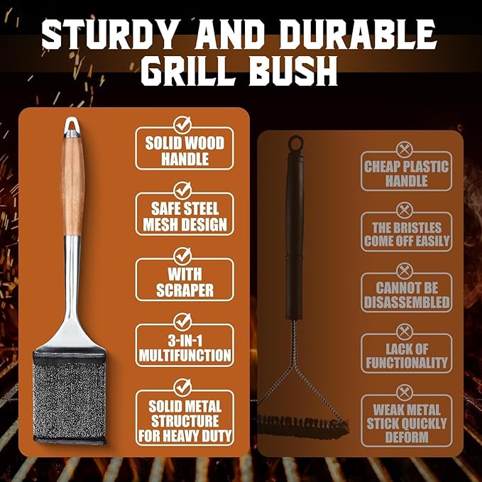 PURPLEBIRD Grill Brush Bristle Free for Outdoor Grill, 3 in 1 BBQ Brush with Scraper & Bottle Opener, Grills Cleaning Brushes with 1 Replacement Head, Grills Scrubber with Wood Handle