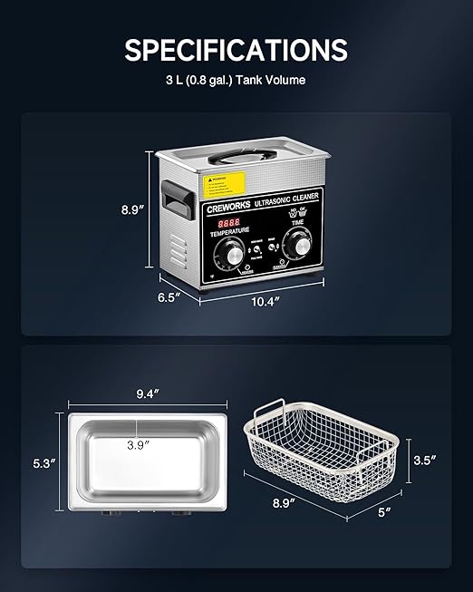 CREWORKS 3L Ultrasonic Cleaner with Degas & Gentle Modes, 120W Stainless Steel Ultrasonic Cleaner Machine with Heater and Timer, Ultrasonic Parts Cleaner with Knob Control for Jewelry Glasses Watch