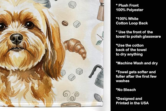Caroline's Treasures Gold Lhasa Apso Coffee Bar Kitchen Towel Velour Plush Front and Cotton Loop Back Machine Washable