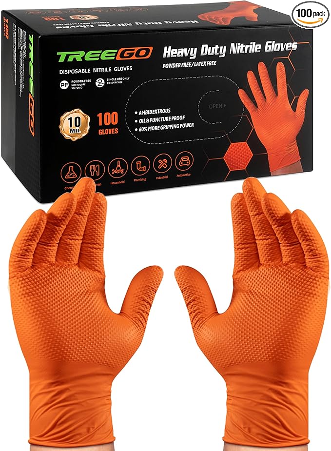 TREEGO Heavy Duty Orange Nitrile Gloves 10 Mil Disposable Rubber Work Gloves - Double Diamond Grip, Mechanic Rubber Gloves for Automotive & Industrial Use, Latex Free, 100 Count Medium