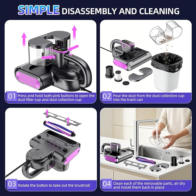Mattress Vacuum, 15kPa Bed Mattress Cleaner with Super Suction and 275nm Uv-C Light,500W Handheld Mattress Vacuums for Bed Sofa Furniture Crib, Replacement Filter Included(Corded，38000RPM)
