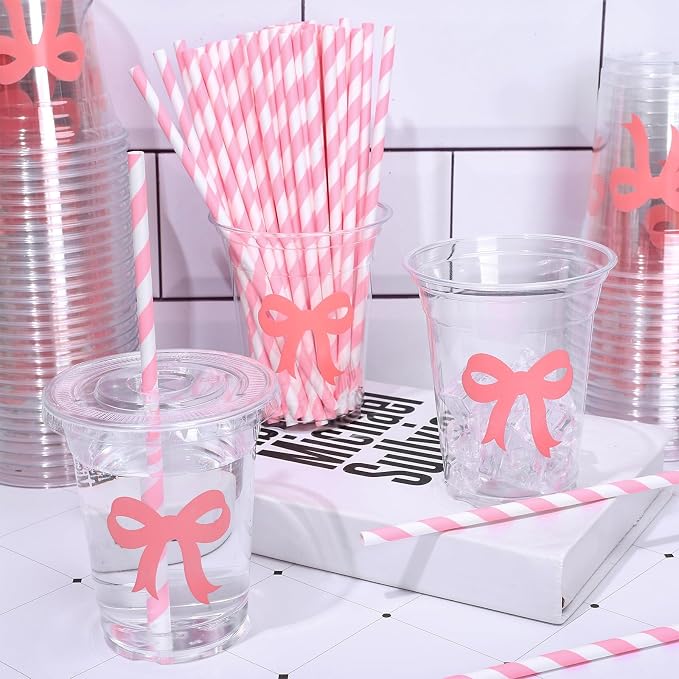 Whaline 50 Pcs Pink Bow Disposable Plastic Cups with Lids and Straws 12 Oz Lovely Bowknot Cold Beverage Drinking Cups for Wedding Birthday Bridal Baby Shower Party Supplies