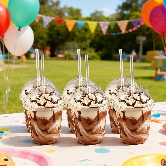 Qsqwsuye 50 Set 12 oz Disposable Clear Plastic Cups with Dome Lids and Straws, Durable Plastic Party Cups for Iced Coffee, Milk Tea, Assorted Beverages, Perfect for Parties, Wedding, Festival Events
