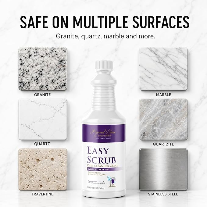 Stone Cleaner and Polish That Restores Shine, Deep Cleaning Cream for Quartz, Marble & Quartzite Countertops, Travertine Cleaner & Stone Shower Cleaner, Removes Buildup, Water Spots & Grease, 32 oz