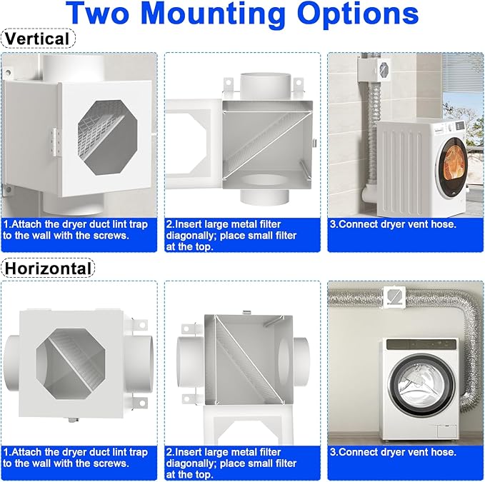 Metal Dryer Lint Trap & Catcher - Indoor Dryer Vent Kit with 90 Degree Dryer Vent Elbow,4" Hose & Clamps - Secondary Lint Box for Electric Dryers - Inline Lint Trap Box with Clear Window