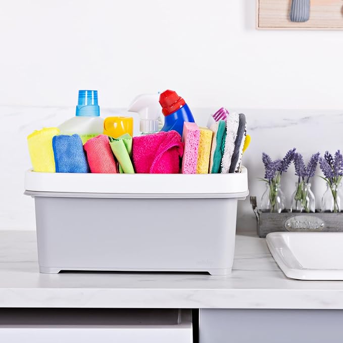 Minky Large Storage Caddy - Easy to Clean Plastic Storage Bin with Foldaway Handle For Cleaning, Crafts, DIY - Great for Pantry, Fridge & Organization - Made in the UK (Light Grey)