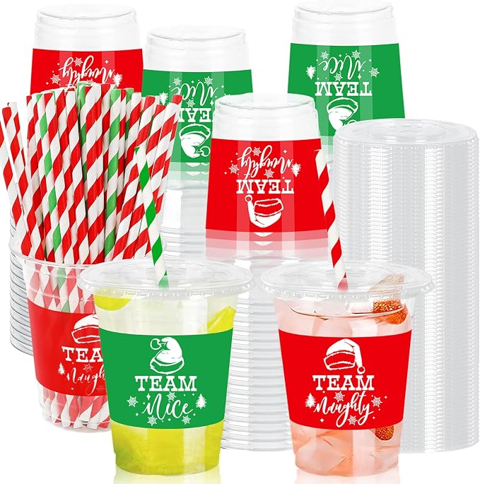 JarThenaAMCS 50Pcs 12Oz Christmas Plastic Cups with Lids & Straws Team Nice or Naughty Disposable Clear Drinking Cups for Winter Xmas Party Supplies