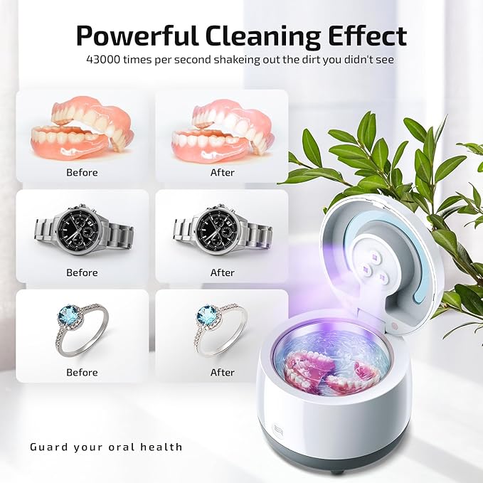Dental Ultrasonic Retainer Cleaner Machine: 43kHz Dental Cleaning Pod - Deep Cleaning for Dentures, Mouth Guards, Aligners, Night Guards, Braces, Toothbrush Heads & Jewelry