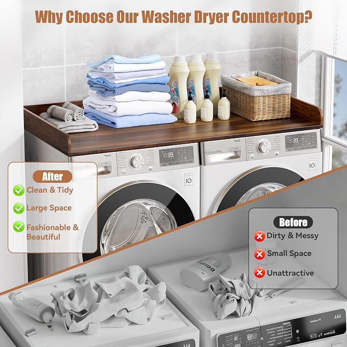 Washer Dryer Countertop, 27.5" D x 54" W Washer and Dryer Topper Covers with Edge Rails, Wood Laundry Room Countertop Shelves for Laundry Room Organization and Storage (Brown)