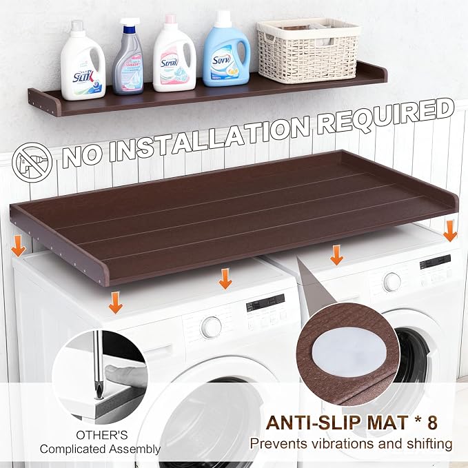 Chortmok Washer Dryer Countertop, HDPE Laundry Countertop with Edge Rails, No-Installation-Brown