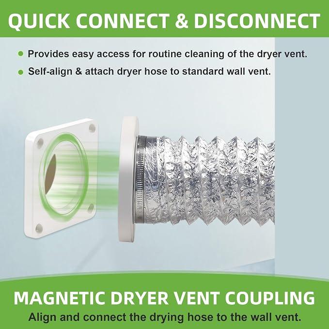 Magnetic Dryer Vent Coupling Quick Connector DV180 Airtight Seal,Dryer Vent Connector Kit Including 2.6ft 4" Duct and two Clamps | Quick Connection and Disconnection, Strong Magnet Self-Alignment Design, Quick-Installation, Dryer Vent Connector Kit