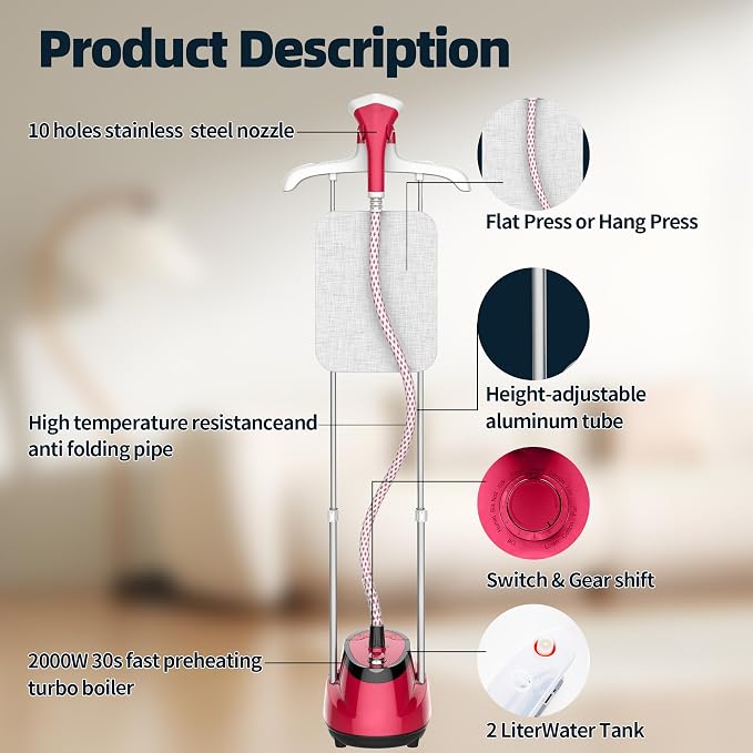 Upright Steamer for Clothes 1350W Turbo Boiler Standing Garment Steamer 1.6L Water Tank 1h Continuous Steam Flat&Hanging Ironing Double Retractable Rod 10 Modes 30s Fast Preheat for all Fabrics (RED)