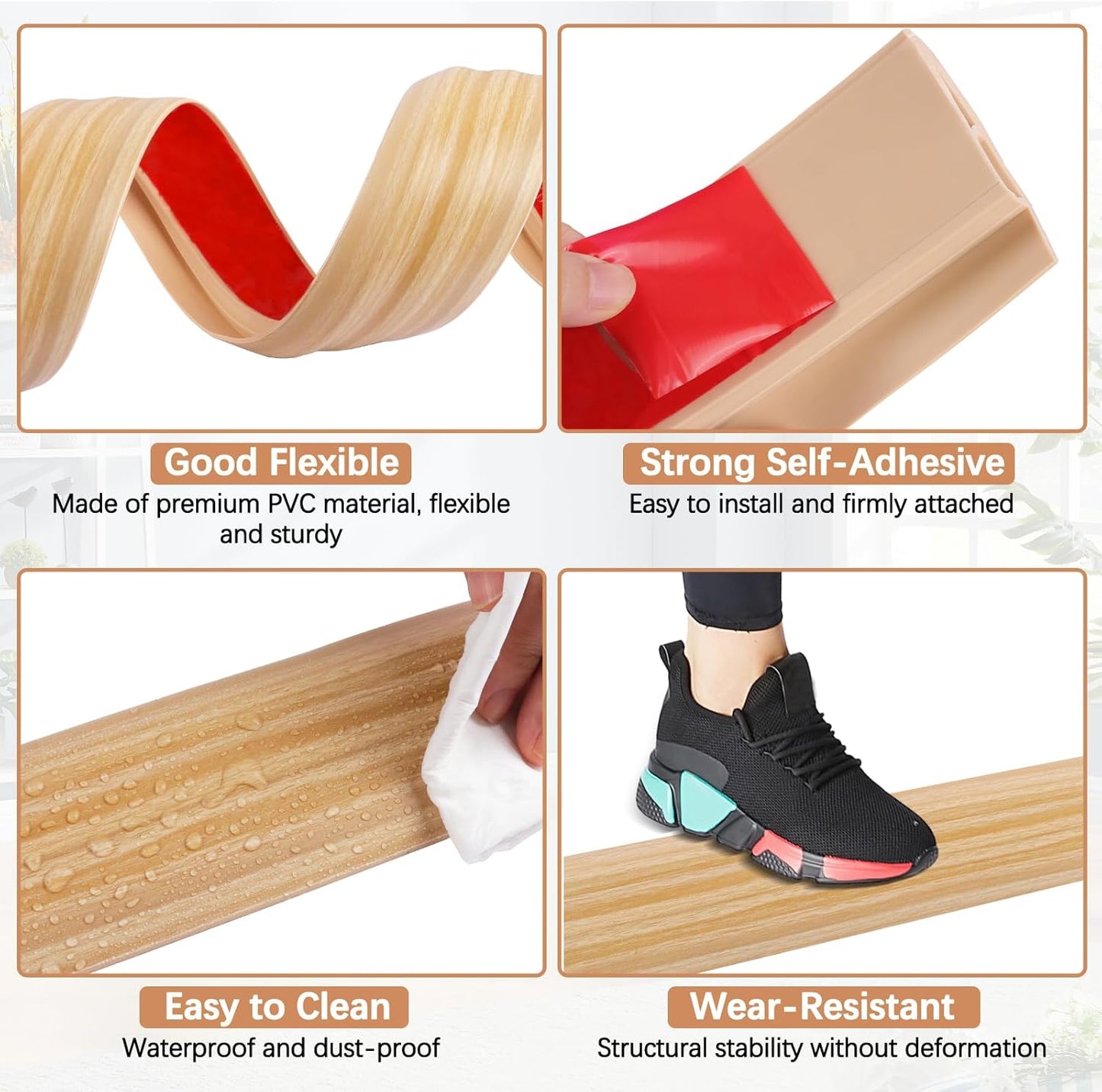 Vinyl Door Threshold Flooring Transition Strip Self Adhesive Carpet Edging Strip for Laminate Doorway Edge Threshold from 3/5" to 4/5" (Light Yellow Wood Grain, 10 Ft)