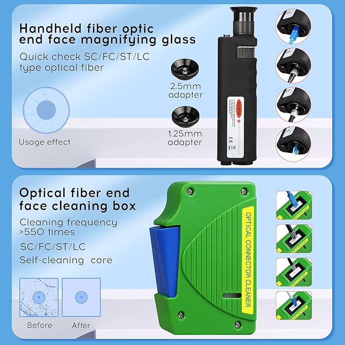 14 in 1 Fiber Optic Cleaning Tool kit with 400x Optical Microscope SC LC MPO Cleaner Pen and 2.5mm 1.25mm MTP Cleaning Box with Replace core