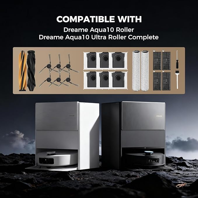 Yivy 22PCS Aqua10 Ultra Roller Accessories Sets for Dreame Aqua10 Ultra Roller/Aqua10 Roller Robot Vacuum Cleaner: 2 Main Brushes 6 Dust Bags 6 Side Brushes 4 Filters 2 Roller Mops