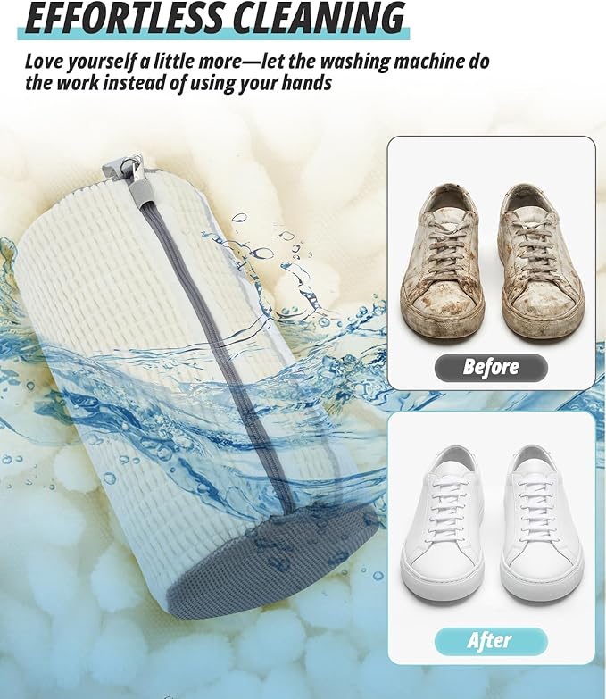 Shoe Washing Machine Bag, 2 Pack Shoe Cleaning Bag for Washer and Dryer, 360° Deep Cleaning Reusable Shoes Laundry Bags for Sneakers with Zipper Protection and Side Mesh Pouch, White