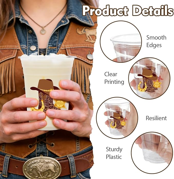 100Pcs Western Cowboy Plastic Party Cups, 12oz Cowboy Party Disposable Clear Cups for Western Parties, Birthday, Baby Shower Drinking Cups, Rodeo Party Favors (2 Styles)