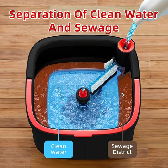 Spin Mop and Bucket with M16 Self Separation Dirty and Clean Water System with 2pads, Self Wringing 360° Rotating Clean Mop-Head and Bucket Set for Hardwood Tile Marble Floor-(Black+Red)