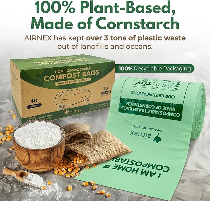 AIRNEX 40 Count Compost Bags for Countertop Bin 13 Gal & Bamboo Dish Brushes Set of 3-100% Compostable Trash Bags made of Cornstarch - Medium Stiff Sisal &Strong Blend of Coconut Bristles Brushes