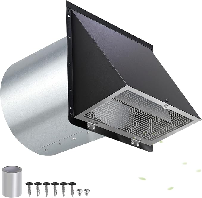 8 inch Hooded Wall Vent with Screen and Damper,Outdoor Wall Vent Cover Exhaust Vent Duct Cap,8" Exterior Vent Cover for Kitchen Range Hood Bathroom HVAC Duct Dryer Ventilation,Galvanized Steel,Black
