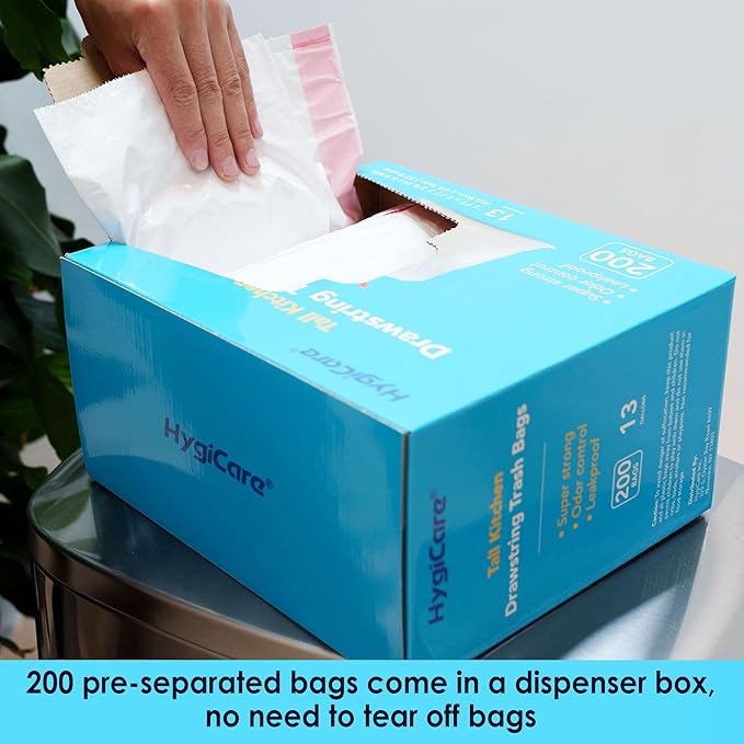 HygiCare 13 Gallon Tall Kitchen Trash Bags, Fresh Scent 200 Count Drawstring Garbage Bags, Pre-Separated, Odor Control, Ultra Strong, Leakproof, Sturdy, White